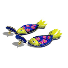 Load image into Gallery viewer, Artistic ocean-inspired earrings showcasing colorful seed beads, flower motifs, and bright yellow fin accents.