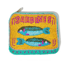 Load image into Gallery viewer, Yellow sardine beaded coin pouch with turquoise fish design and zipper closure