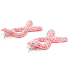 Load image into Gallery viewer, Pink awareness ribbon earrings featuring textured bead embroidery and coordinating beaded stud accents.
