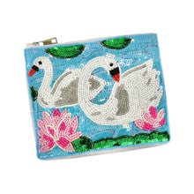 Load image into Gallery viewer, Hand beaded pouch with two white swans, pink flowers, and green leaves on a blue background. 
