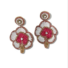 Load image into Gallery viewer, Colorful hand-beaded floral earrings featuring pink, orange, and yellow beadwork.
