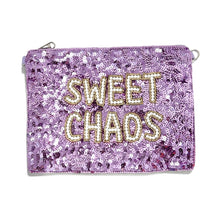 Load image into Gallery viewer, Lavender sequin pouch featuring “Sweet Chaos” in pearl and gold beaded lettering on a sparkling lilac background.