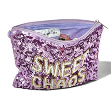 Load image into Gallery viewer, Purple sequin zip pouch with beaded Sweet Chaos text, combining playful style with eye-catching sparkle.