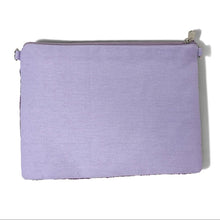 Load image into Gallery viewer, Glamorous lilac sequin accessory pouch featuring handcrafted beadwork and bold Sweet Chaos typography.