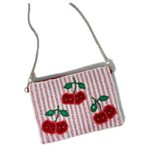 Load image into Gallery viewer, Cute cherry-themed zip pouch with playful beadwork and soft pink stripes