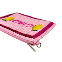 Load image into Gallery viewer, “CIAO” pouch featuring bright lemon accents, shimmering fuchsia sequin trim, and playful Italian summer vibes.