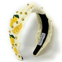 Load image into Gallery viewer, Headband lemon embroidery, gold embellishments, and a chic twisted knot design.