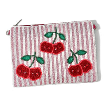 Load image into Gallery viewer, Cute cherry-themed zip pouch with playful beadwork and soft pink stripes