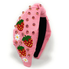 Load image into Gallery viewer, Outdoor fashion look with colorful strawberry accessories, including a pink embellished headband and red beaded earrings.