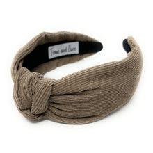 Load image into Gallery viewer, Fall Autumn Headband, Fall Winter Knotted Headband, Taupe Knot Headband, Fall Hair Accessories, Taupe corduroy Headband, Best Seller, headbands for women, best selling items, knotted headband, hairbands for women, Fall Winter gifts, Solid color knot Headband, Solid color hair accessories, Taupe color knot headband, corduroy knotted headband, Fall Autumn headband, Birthday gifts, custom knot headband, Fall Autumn  accessories, Taupe headband, brown corduroy fabric headband, autumn knot headband