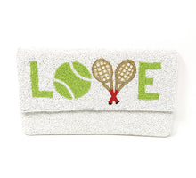 Load image into Gallery viewer, Elegant sports-inspired beaded purse featuring handcrafted tennis graphics and sparkling artisan details on an all-white design.