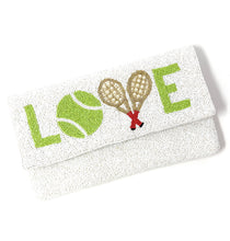 Load image into Gallery viewer, Elegant white beaded crossbody bag with tennis-inspired embroidery, pearl-accented rackets, and bright green detailing.