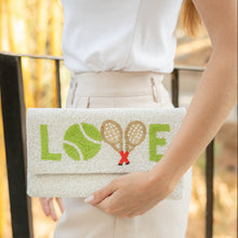 Load image into Gallery viewer, Tennis lover statement clutch adorned with intricate beadwork, racket motifs, and a removable chain strap for versatile styling.