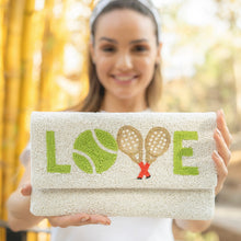 Load image into Gallery viewer, White beaded crossbody bag with vibrant green tennis-inspired details, pearl accents, and sporty-chic handcrafted embroidery.