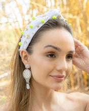 Load image into Gallery viewer, Woman wearing a decorative tennis headband and tennis racket earrings 
