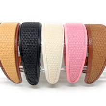 Load image into Gallery viewer, Fashionable woven hairbands in black, ivory, pink, caramel, and tan, crafted with a basket-weave texture and smooth trim accents.