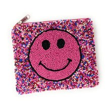 Load image into Gallery viewer, Pink smiley face beaded mini pouch with zipper and vibrant beadwork

