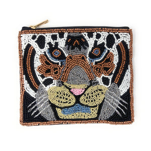 Beaded pouch depicting a tiger's face, made with intricate brown, black, white, and blue beads. The design is vibrant and expressive, with a zipper.