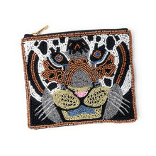 Load image into Gallery viewer, Beaded pouch depicting a tiger&#39;s face, made with intricate brown, black, white, and blue beads. The design is vibrant and expressive, with a gold zipper.