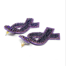 Load image into Gallery viewer, Elegant purple ribbon earrings showcasing shimmering crystal embellishments and handcrafted statement design.