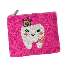Load image into Gallery viewer, Handmade pink beaded zip pouch with cute crowned tooth design, ideal as a Tooth Fairy keepsake pouch for children, loose change, cash, and tiny essentials by Twine &amp; Love.