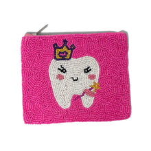 Load image into Gallery viewer, Pink hand beaded Tooth Fairy pouch by Twine &amp; Love featuring a smiling tooth wearing a crown and holding a wand. Perfect zip pouch for storing baby teeth, coins, cash, small treasures, and Tooth Fairy gifts.