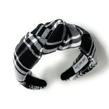 Load image into Gallery viewer, holiday Headband, holiday Knotted Headband, black plaid Knotted Headband, gray Plaid Hair Accessories, Plaid Headband, Best Seller, headbands for women, best selling items, knotted headband, hairbands for women, black plaid gifts, black white knot Headband, School hair accessories, school plaid headband, Plaid uniform headband, Statement headband, school uniform, school uniform knot headband, black Knotted headband, plaid headband, School Knot headband, plaid knot headband