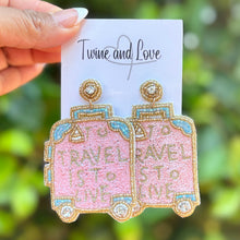 Load image into Gallery viewer, Handmade suitcase statement earrings with gold and blue details