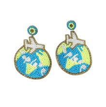 Load image into Gallery viewer, Colorful handmade beaded earrings featuring world map design with airplane motif