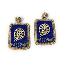 Load image into Gallery viewer, Travel themed passport earrings with intricate beadwork and gold accents