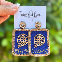 Load image into Gallery viewer, Blue beaded passport earrings with gold detailing and embroidered text