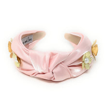 Load image into Gallery viewer, Trendy pink headband adorned with golden flowers and pearls.