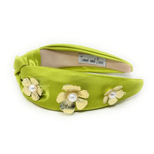 Load image into Gallery viewer, Trendy green hair accessory adorned with decorative flowers and pearls.