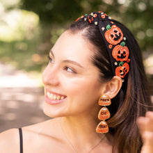 Load image into Gallery viewer, Halloween beaded Earrings, beaded halloween Earrings, halloween Earrings, Halloween Bead Earrings, earrings for halloween, trick or treat earrings, orange earrings, Unique earrings, candy earrings, Halloween jewelry, statement earrings, trick or treat earrings, spooky earrings, costume jewelry, Holiday earrings, pumpkin earrings, custom designs, cat earrings, dangling earrings, unique earrings, autumn accessories, witch vibes, spooky vibes, trick or treat accessories, candy corn earrings