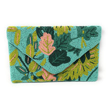 Load image into Gallery viewer, Teal beaded clutch with tropical leaf and floral design