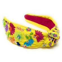 Load image into Gallery viewer, Stylish fashion portrait featuring a yellow embellished headband paired with tropical bird-inspired beaded drop earrings.