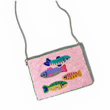 Load image into Gallery viewer, Handmade pink clutch adorned with vibrant tropical fish beadwork, shimmering sequins, and whimsical artisan craftsmanship.