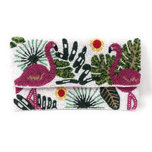Load image into Gallery viewer, Hand-beaded envelope clutch featuring pink flamingos, tropical leaves, and floral details on a white beaded background.