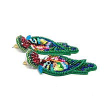 Load image into Gallery viewer, Playful parrot-inspired earrings crafted with colorful sequins, emerald beadwork, and red jeweled flower tops for a bold tropical look.