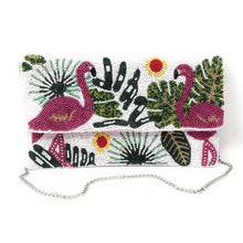 Load image into Gallery viewer, White hand-beaded statement clutch showcasing two pink flamingos surrounded by lush tropical foliage.