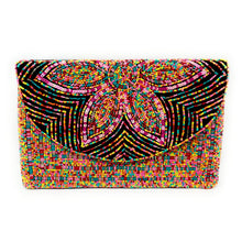 Load image into Gallery viewer, Colorful hand-beaded envelope clutch featuring a bold floral motif with intricate pink, turquoise, yellow, and black geometric patterns.