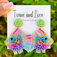 Load image into Gallery viewer, Colorful handcrafted fish-shaped earrings featuring intricate beadwork, sequins, and vibrant gemstone details in pink, turquoise, purple, and green.