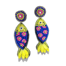 Load image into Gallery viewer, Colorful fish-shaped statement earrings handcrafted with blue beads, pink floral accents, and bright yellow tail details.