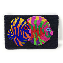 Load image into Gallery viewer, Colorful, beaded clutch with two fish designs. The fish feature vibrant stripes in blue, yellow, pink, green, and orange against a dark background made of seed beads.