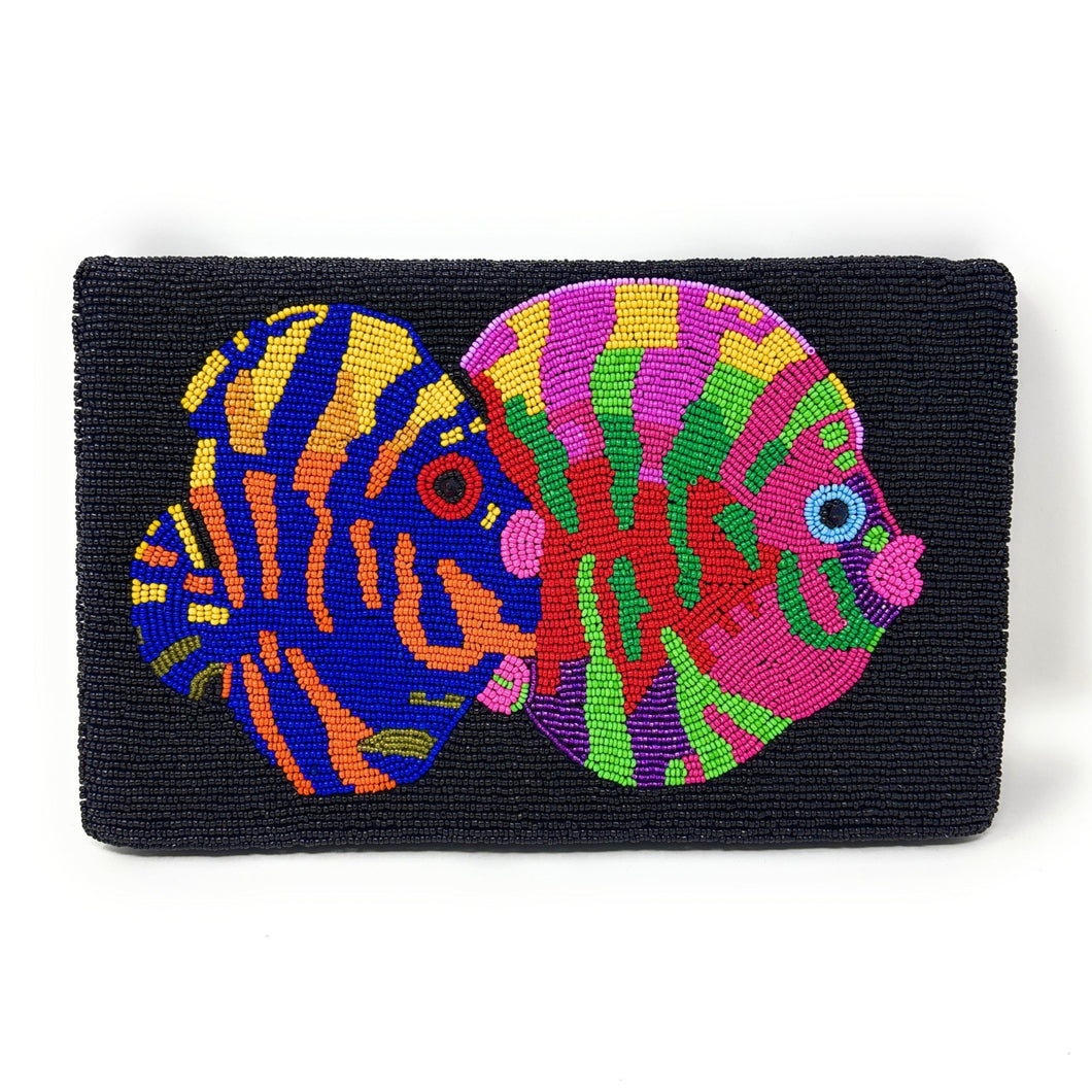 Colorful, beaded clutch with two fish designs. The fish feature vibrant stripes in blue, yellow, pink, green, and orange against a dark background made of seed beads.