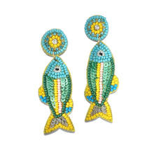Load image into Gallery viewer, Colorful fish-shaped statement earrings featuring turquoise, green, and yellow beadwork with playful coastal-inspired details.
