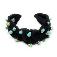 Load image into Gallery viewer, Elegant black headband adorned with turquoise beads, featuring a twist knot detail. The design is stylish and sophisticated.