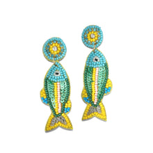 Load image into Gallery viewer, Colorful fish-shaped statement earrings featuring turquoise, green, and yellow beadwork with playful coastal-inspired details.