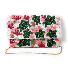 Load image into Gallery viewer, Statement beaded clutch with turtle motif and colorful coral design