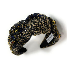 Load image into Gallery viewer, headbands for women, Wide headband, handmade headbands, black top knotted headband, knotted headband, black tweed jeweled headband, embellished headband, tweed headband, gemstone headband for women, luxury headband, tweed knot headband for women, knotted jeweled headband, bling headband, embellished knot headband, luxury knot headband, plaid tweed headband, tweed knotted headband, fall hair accessories, black tweed Christmas Headband, winter headbands, black jeweled headband, tweed plaid headband, tweed acc